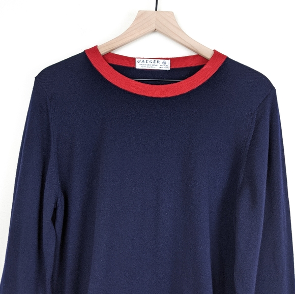 Vintage Jaeger Navy Blue W/ Red Trim Wool Sweater - Picture 2 of 11